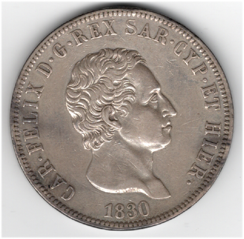 イタリア　5リレ銀貨　1830年　表