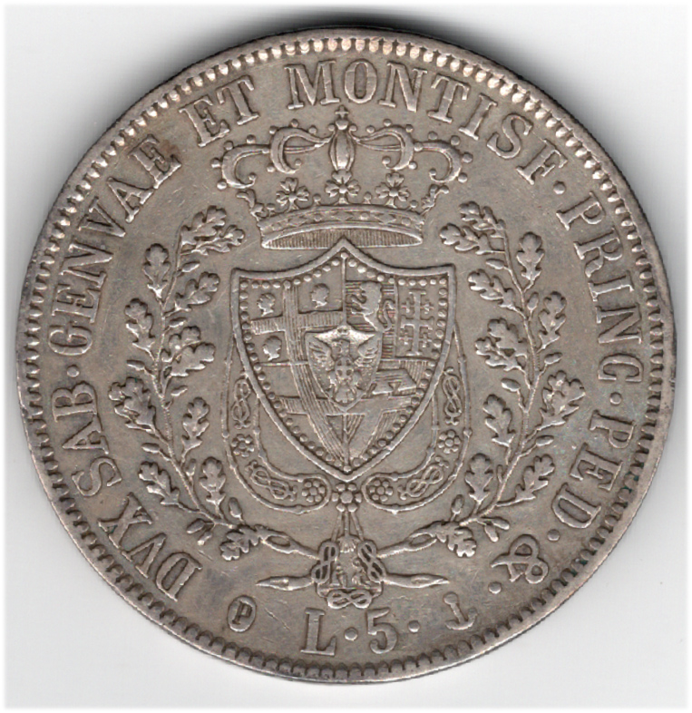 イタリア　5リレ銀貨　1830年　裏
